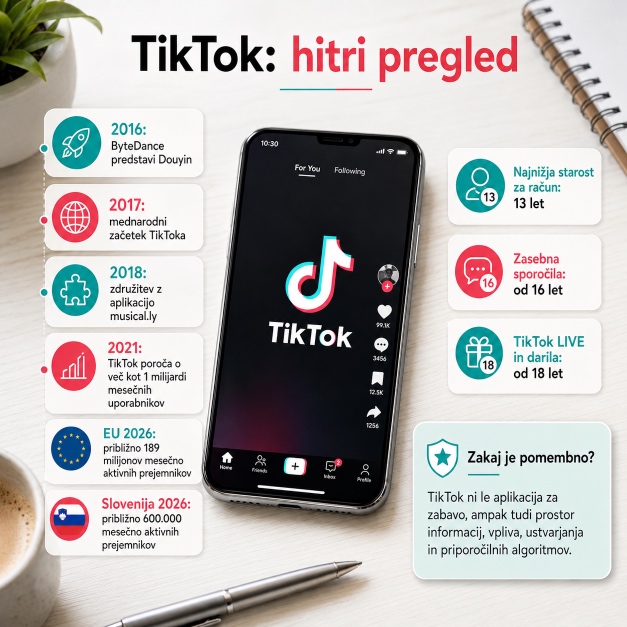 Vizualni prikaz ključnih podatkov o razvoju in dosegu TikToka